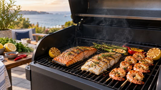 Salmon, white fish and shrimp cooked with balanced pellet smoke flavor