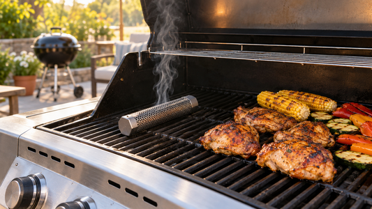 Pellet smoke tube producing light smoke inside an outdoor gas grill set for indirect cooking