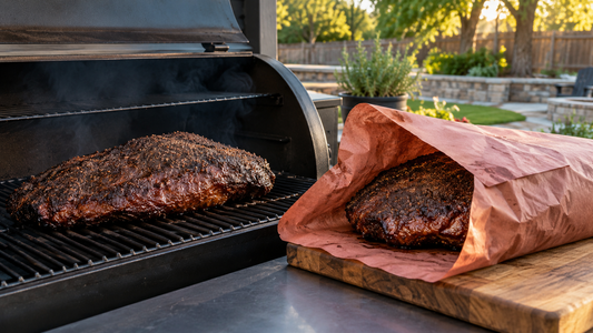 Brisket with developed bark beside butcher paper before wrapping