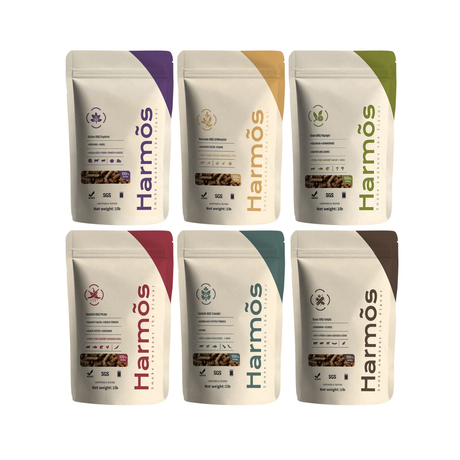 Harmos six-flavor spice-infused fruitwood pellet variety pack